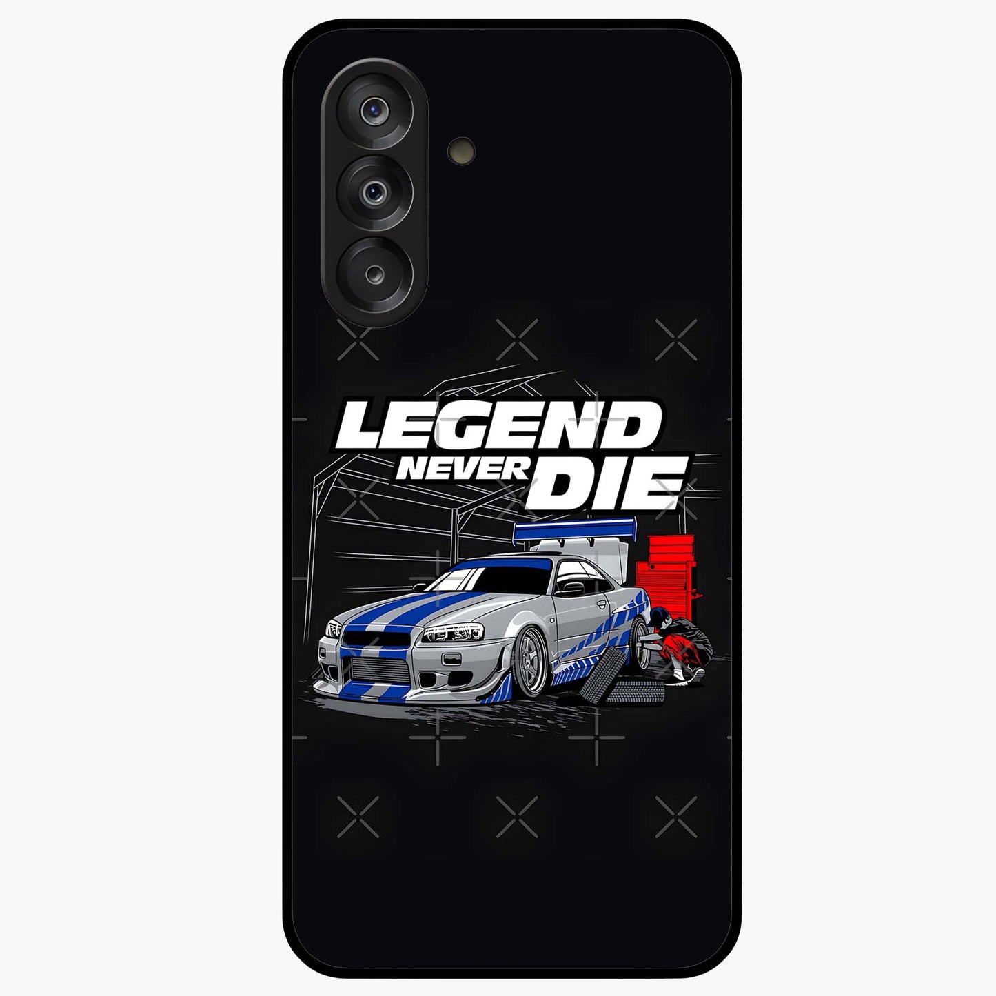 Midnight Racing Legacy Glass Case showing flat back view with sleek racing inspired artwork and glossy glass finish.