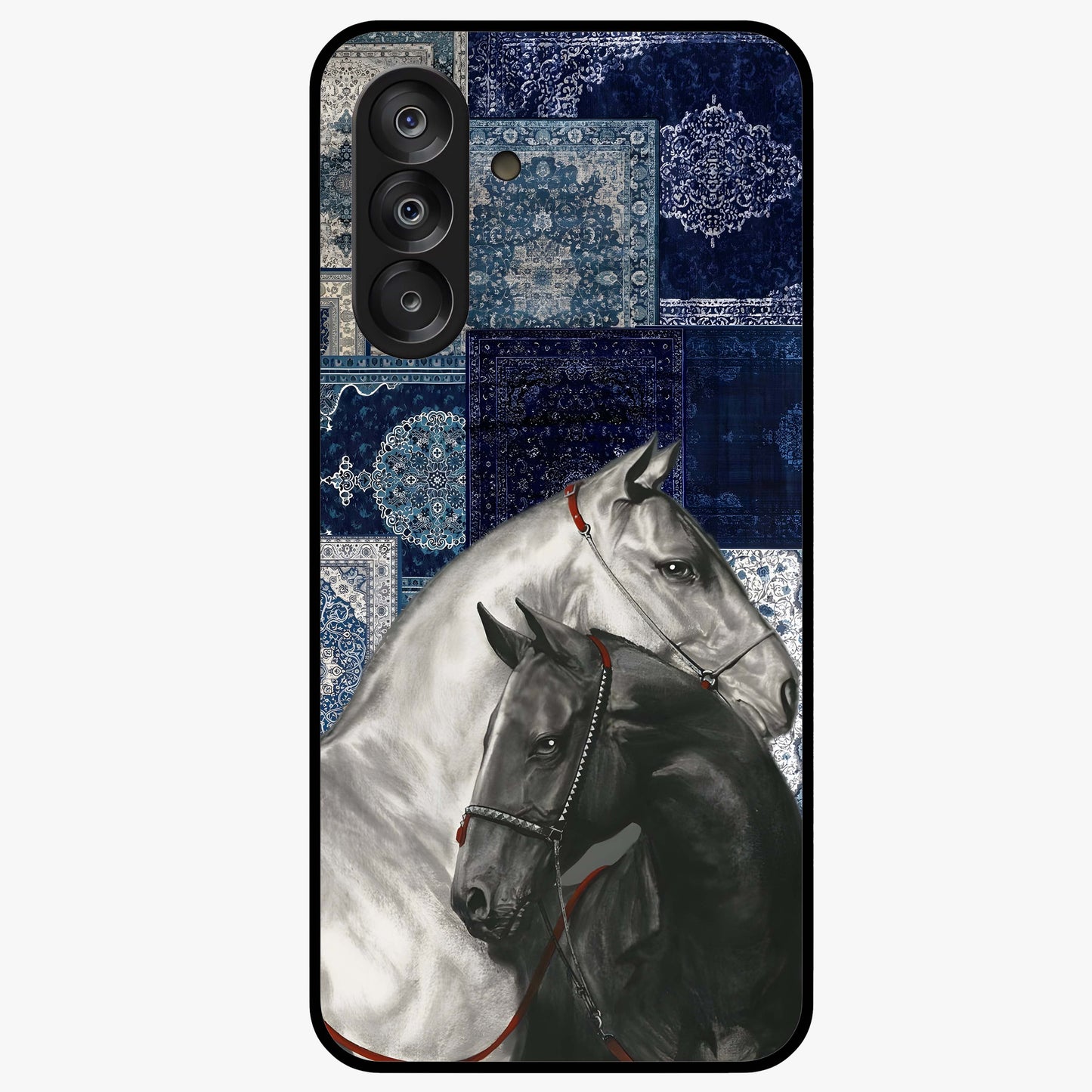 Midnight Stallion Blues Glass Case showing flat back view with majestic horse artwork and glossy glass finish.