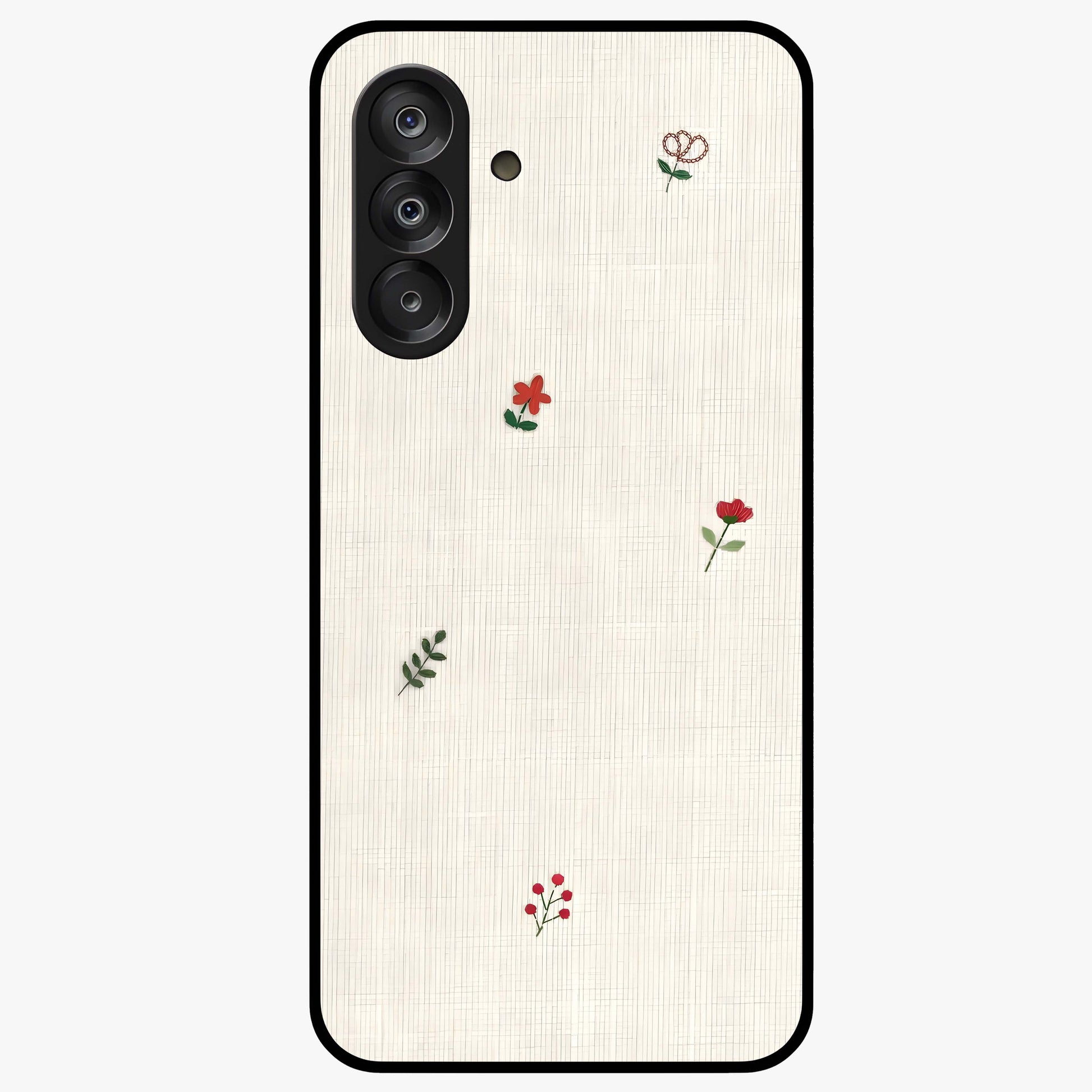 Minimal Petal Whispers Glass Case showing flat back view with soft minimal floral artwork and glossy glass finish.
