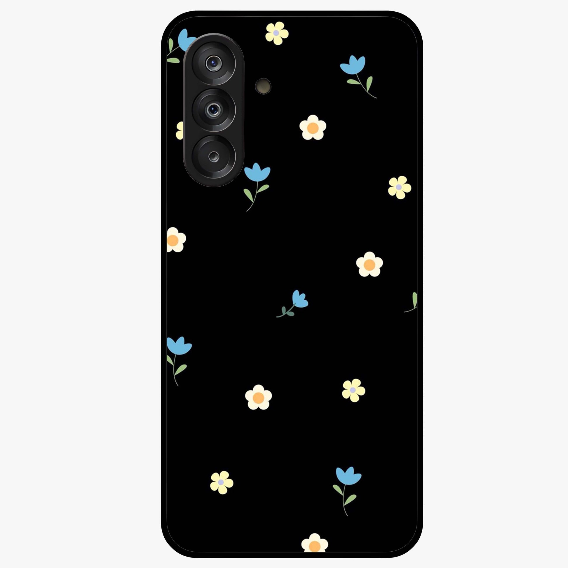 Minimalistic Blue With White Flower Pattern Glass Case showing flat back view with blue background and white flower pattern and glossy glass finish.