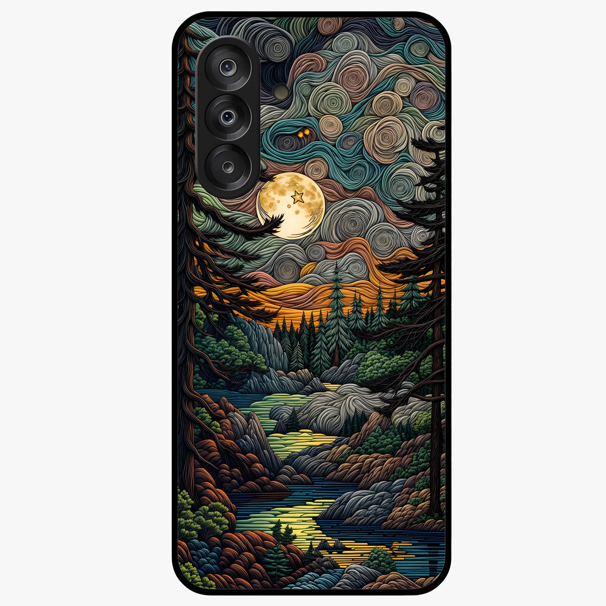 Moonlight Forest Dream Glass Case showing flat back view with mystical forest moonlight artwork and glossy glass finish.