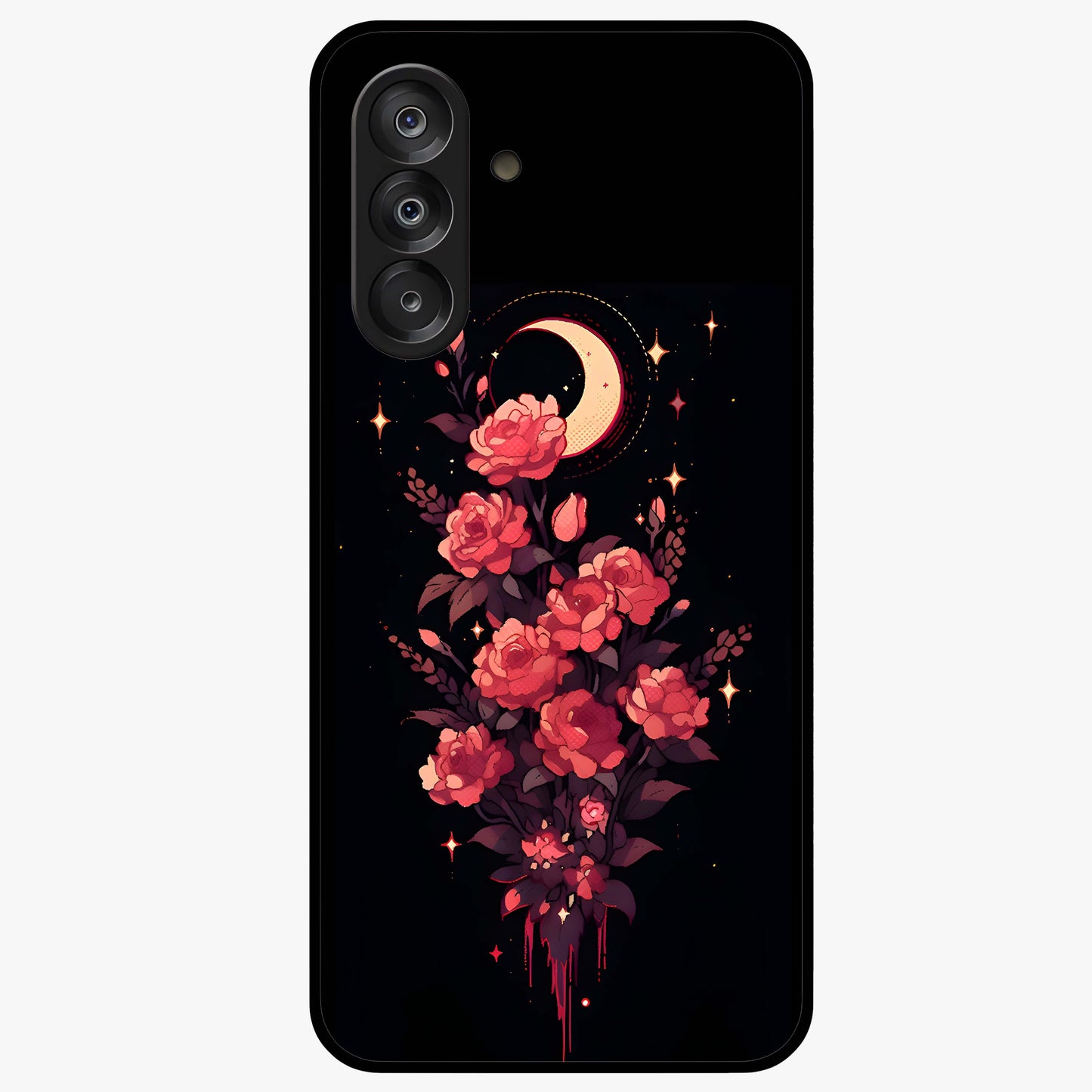 Moonlit Floral Elegance Glass Case showing flat back view with elegant floral artwork under moonlit tones and glossy glass finish.