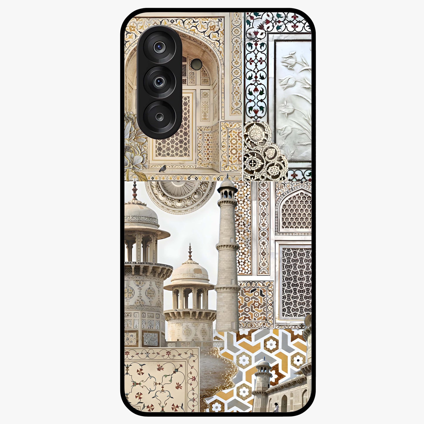 Mughal Marble Legacy Glass Case showing flat back view with intricate Mughal inspired marble pattern and glossy glass finish.