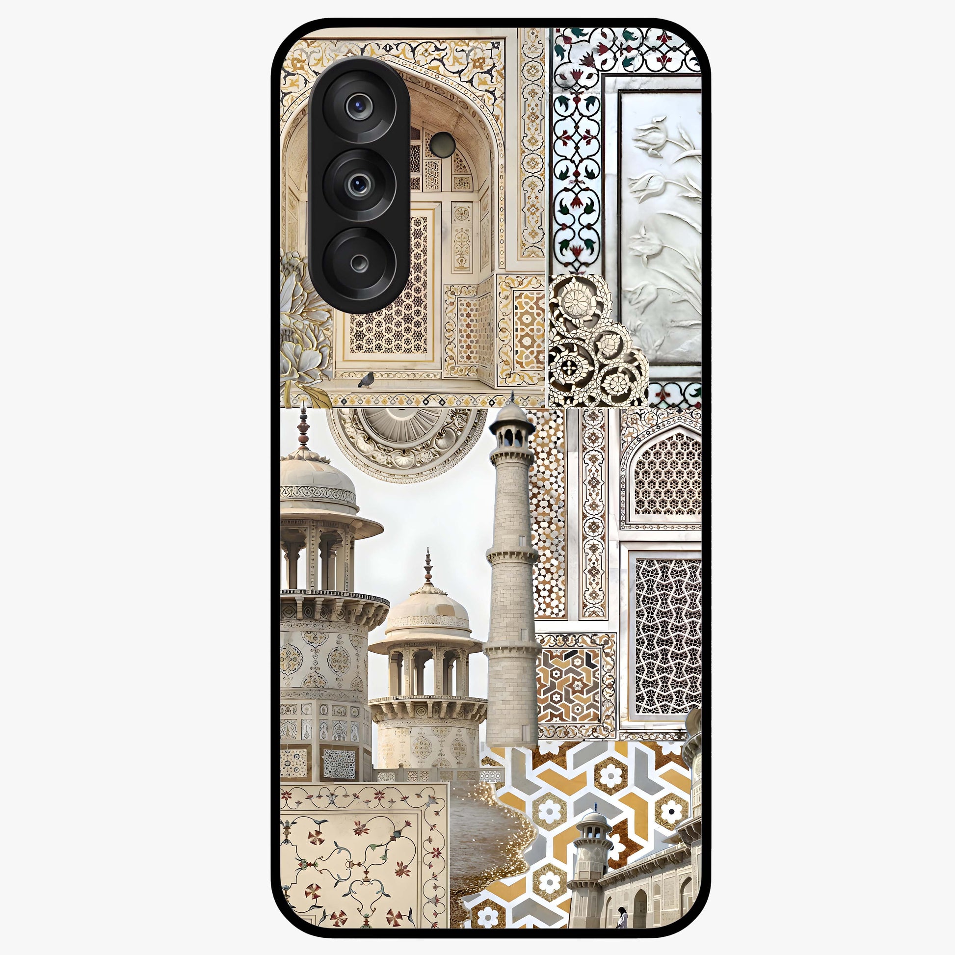 Mughal Marble Legacy Glass Case showing flat back view with intricate Mughal inspired marble pattern and glossy glass finish.