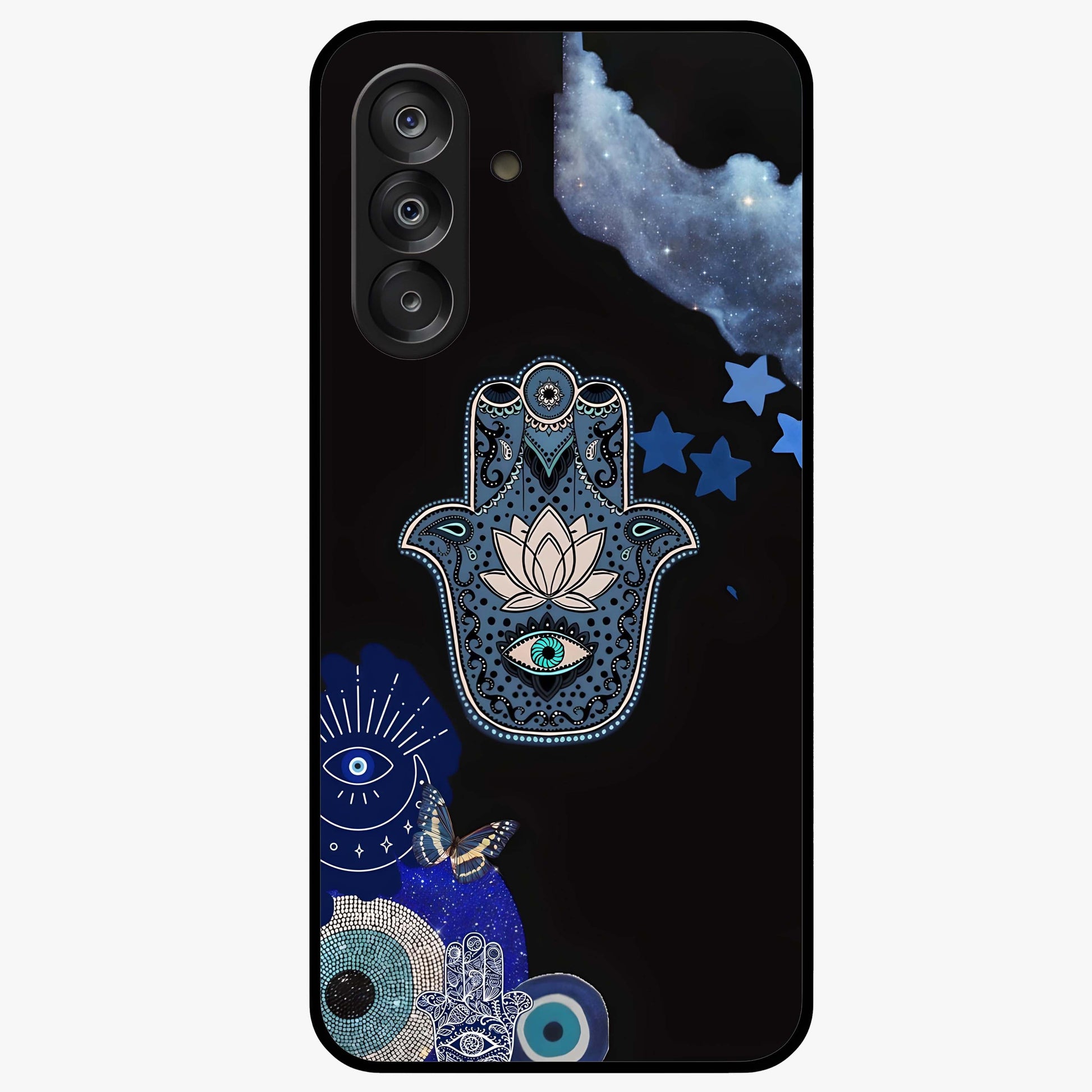 Mystic Hand Aura Glass Case showing flat back view with mystical hand symbol artwork and glossy glass finish.