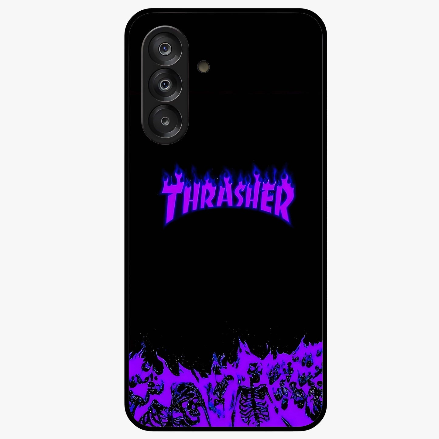 Neon Flame Riot Glass Case showing flat back view with neon flame artwork and glossy glass finish.