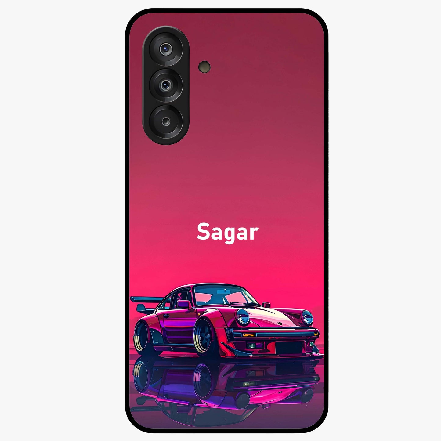 Neon Pink Porsche Glass Case showing flat back view with stylish sports car artwork and glossy glass finish.