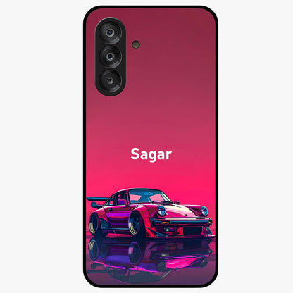 Neon Pink Porsche Glass Case showing flat back view with stylish sports car artwork and glossy glass finish.