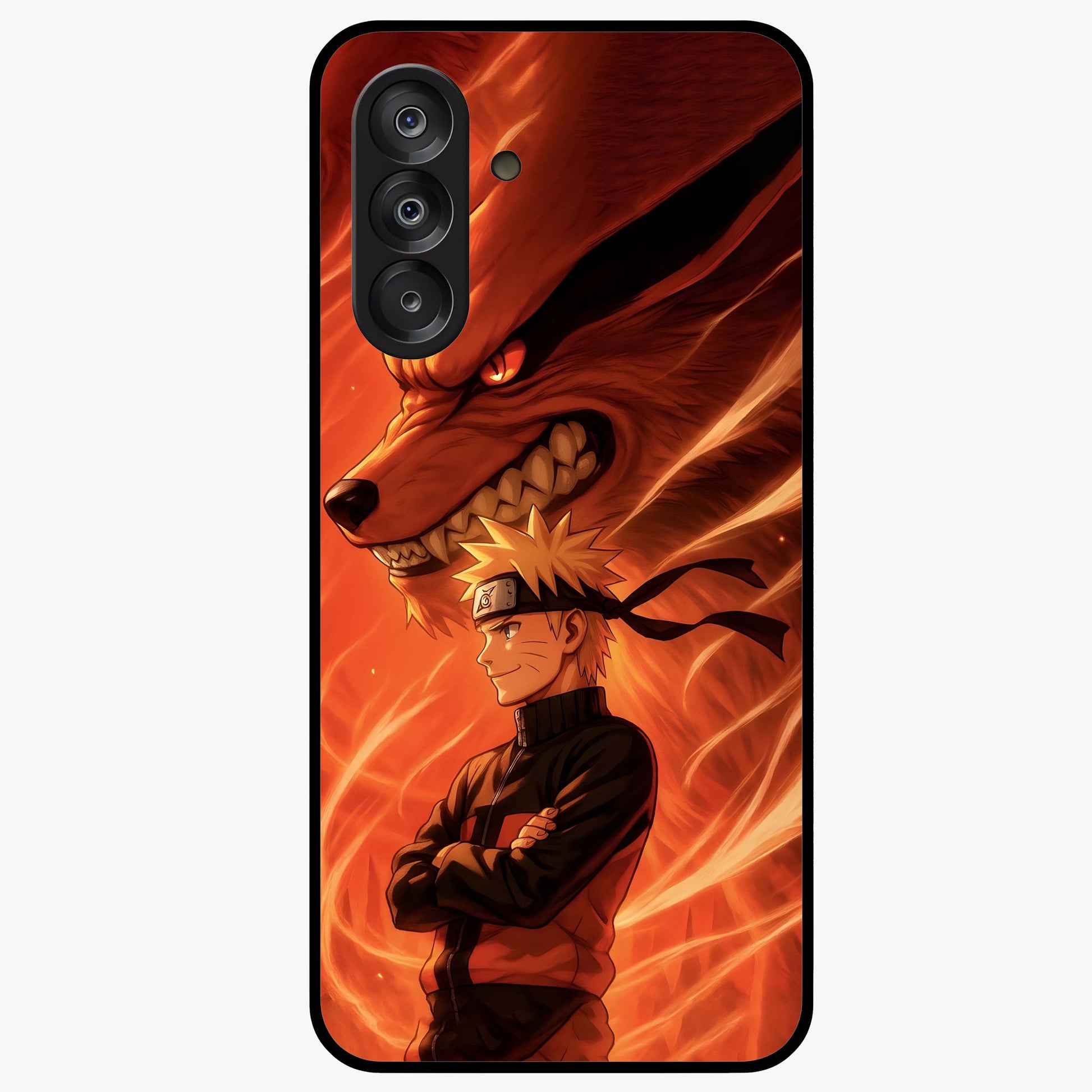 Nine Tails Legacy Glass Case showing flat back view with powerful nine-tailed fox inspired artwork and glossy glass finish.