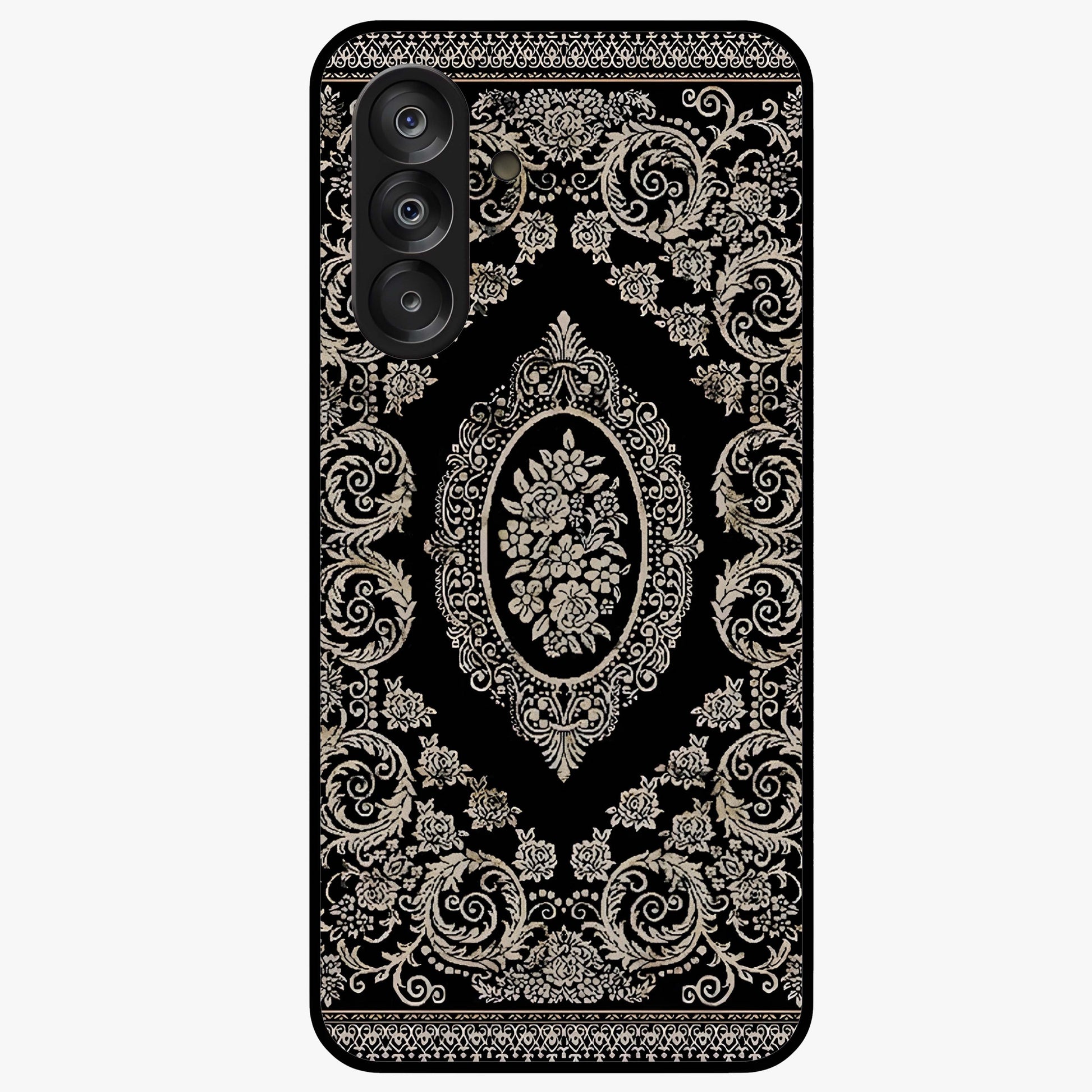 Noir Bloom Elegance Glass Case showing flat back view with elegant dark floral artwork and glossy glass finish.