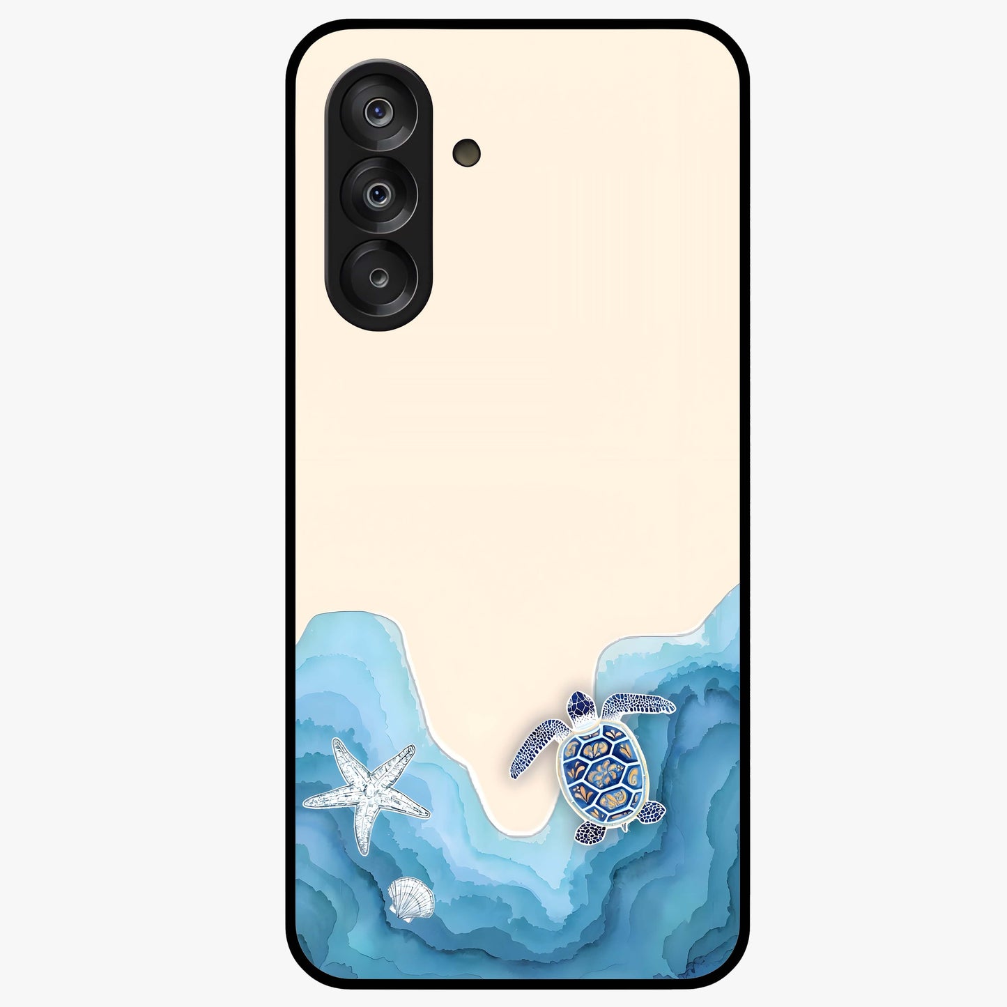 Ocean Drift Turtle Glass Case showing flat back view with sea turtle artwork and glossy glass finish.