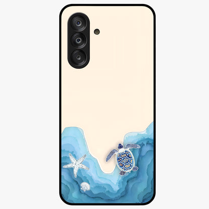 Ocean Drift Turtle Glass Case showing flat back view with sea turtle artwork and glossy glass finish.