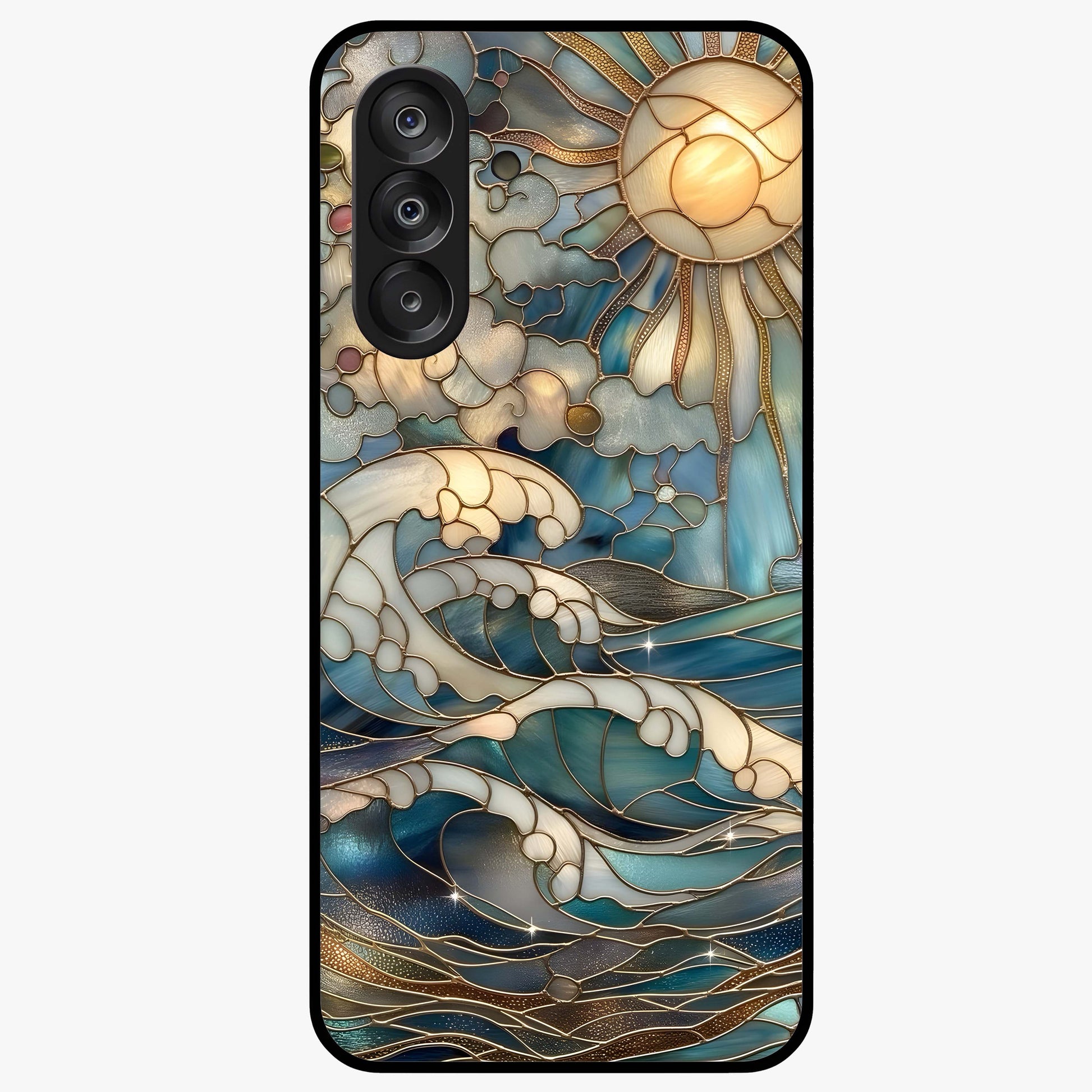 Oceanic Stained Printed Glass Case showing flat back view with ocean inspired stained pattern artwork and glossy glass finish.