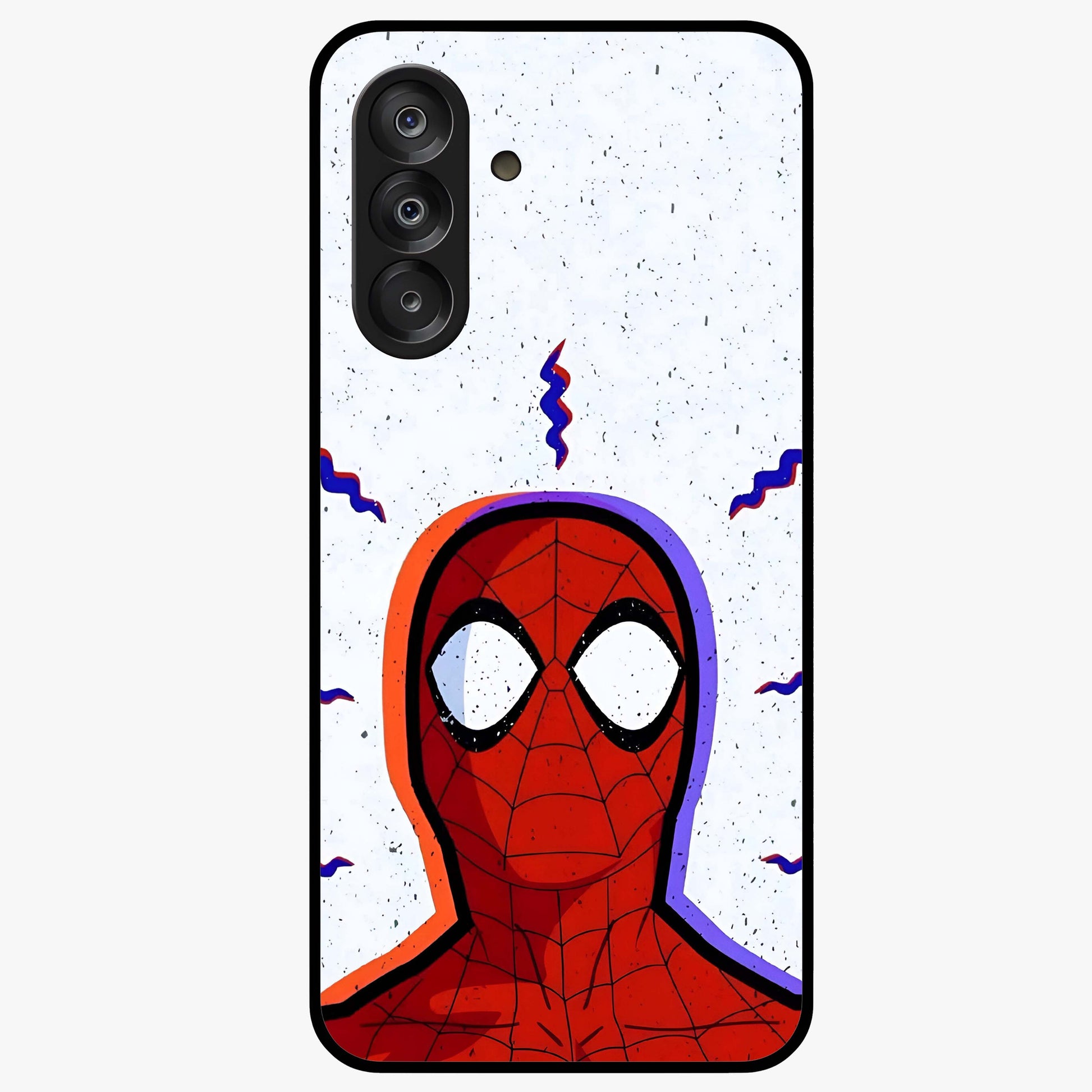 Omg Spiderman Glass Case showing flat back view with bold superhero inspired artwork and glossy glass finish.