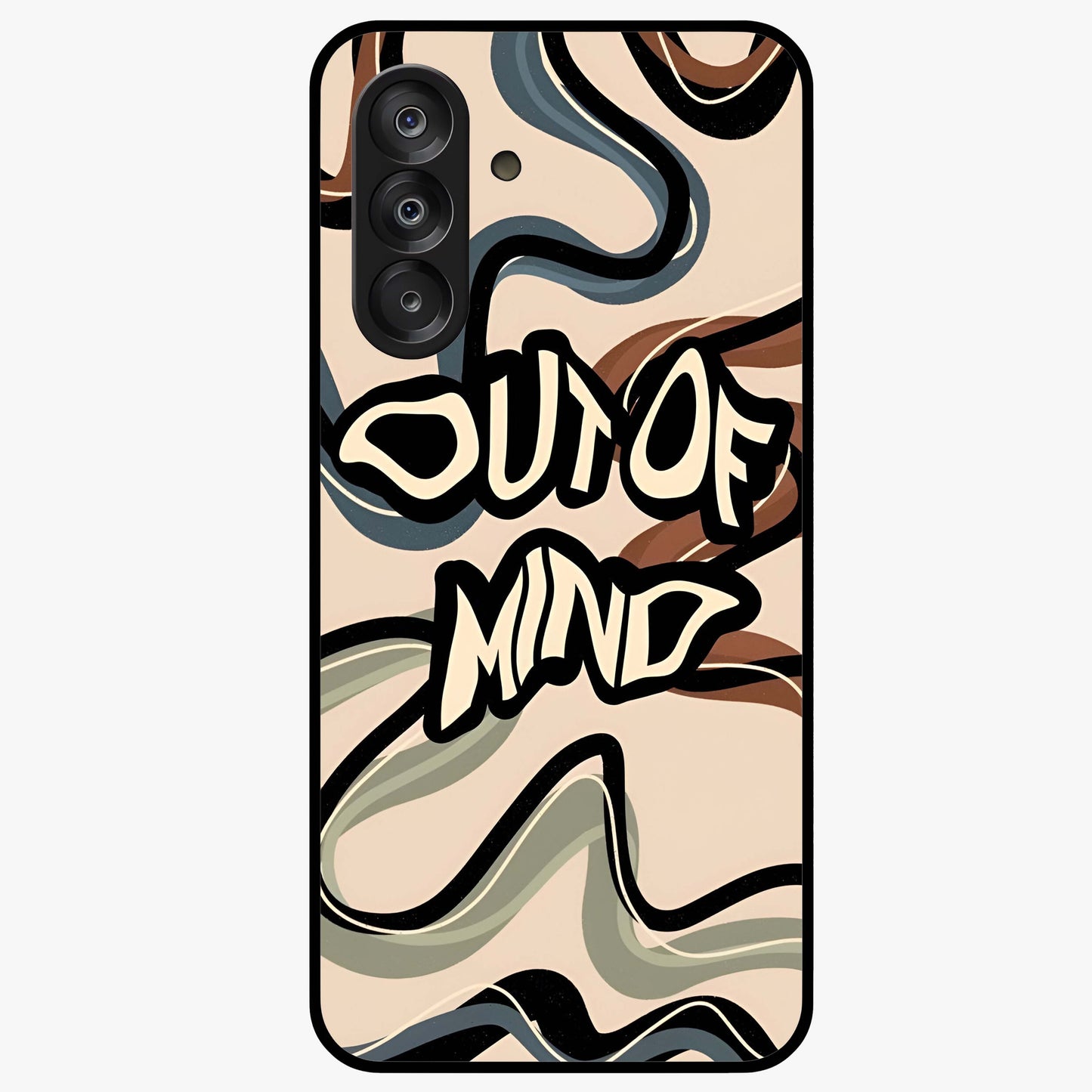 Out Of Mind Glass Case showing flat back view with expressive typography artwork and glossy glass finish.