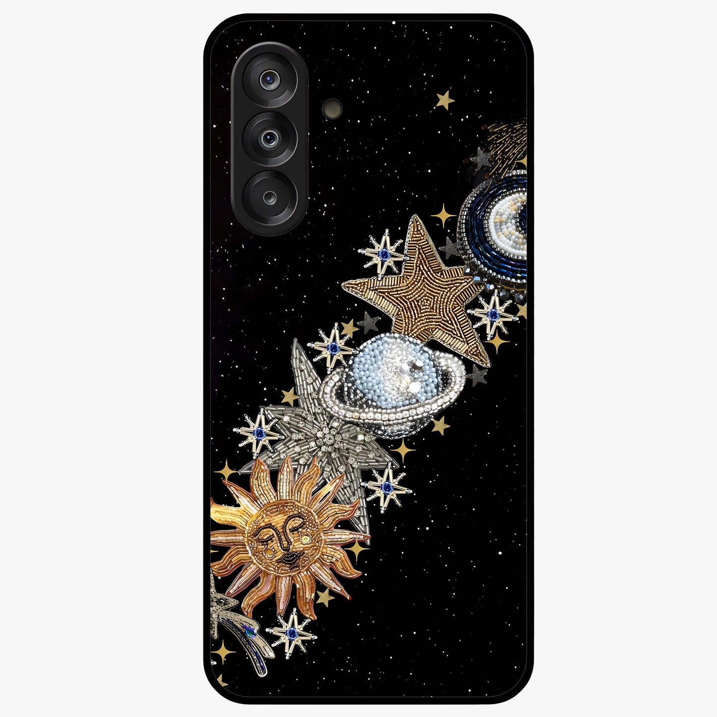 Pearls Universe Object Glass Case showing flat back view with pearl inspired cosmic artwork and glossy glass finish.