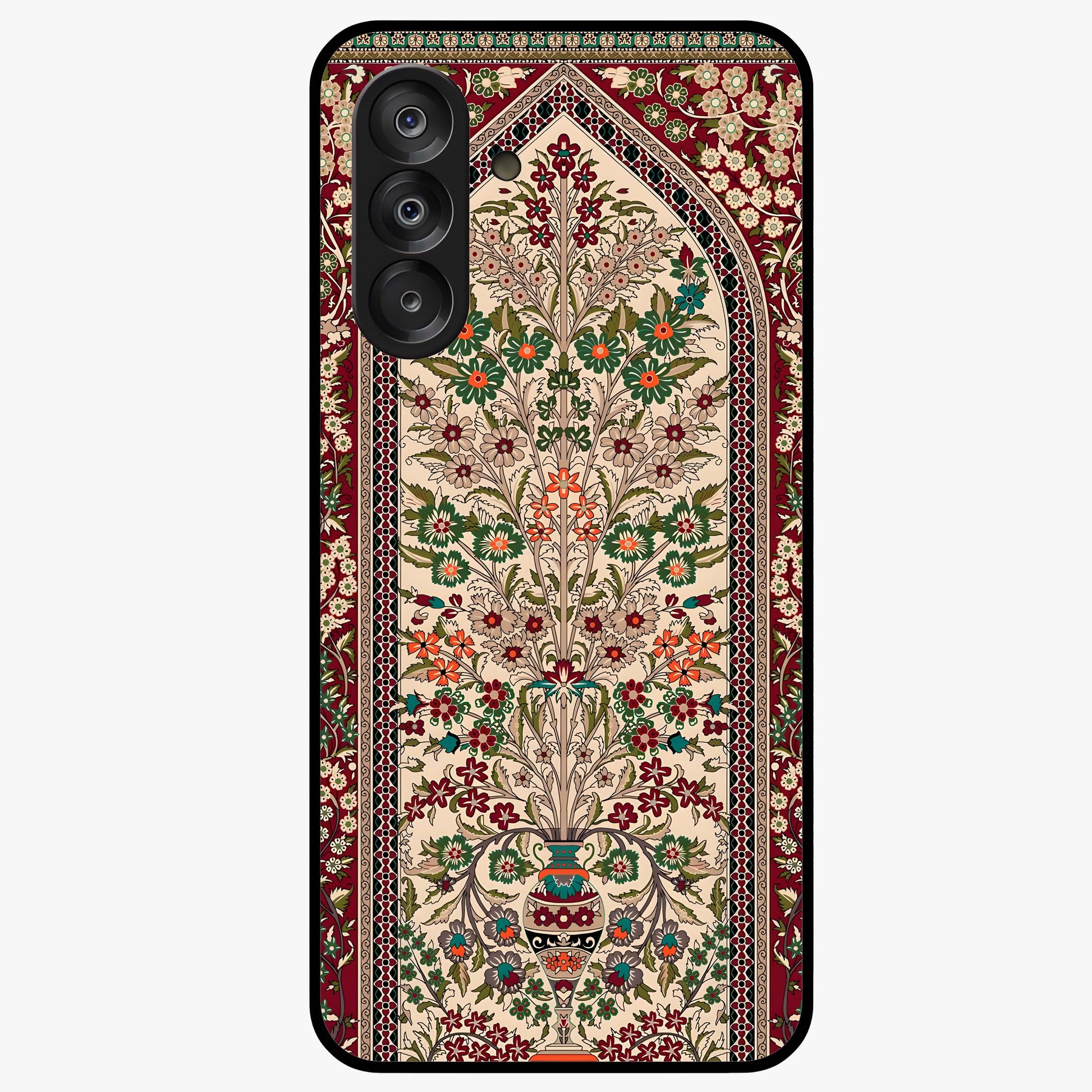 Persian Inspired Glass Case showing flat back view with ornate Persian style pattern artwork and glossy glass finish.