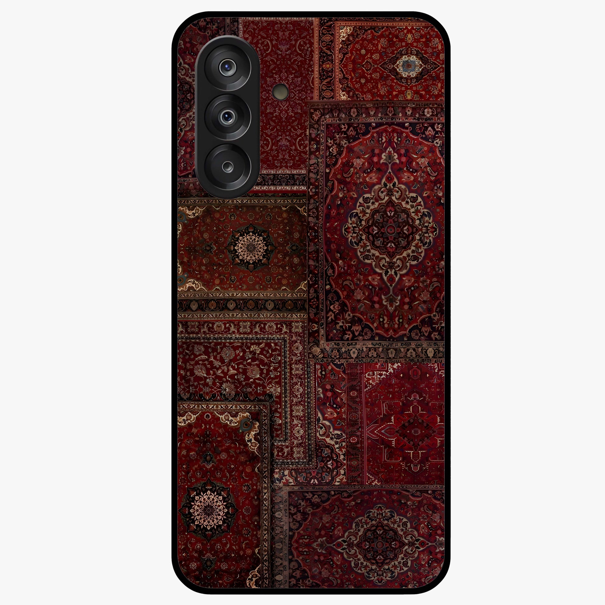 Persian Velvet Tale Glass Case showing flat back view with luxurious Persian velvet pattern artwork and glossy glass finish.