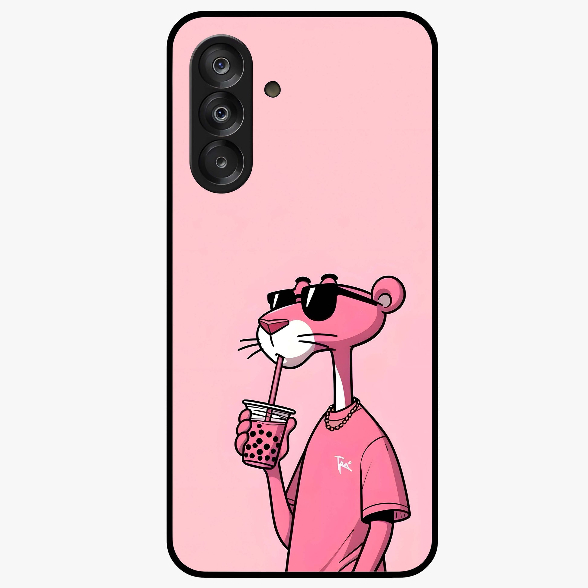 Pink Panther Glass Case showing flat back view with iconic pink panther artwork and glossy glass finish.