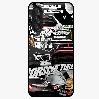 Porsche Racing Collage Glass Case showing flat back view with sports car racing collage artwork and glossy glass finish.