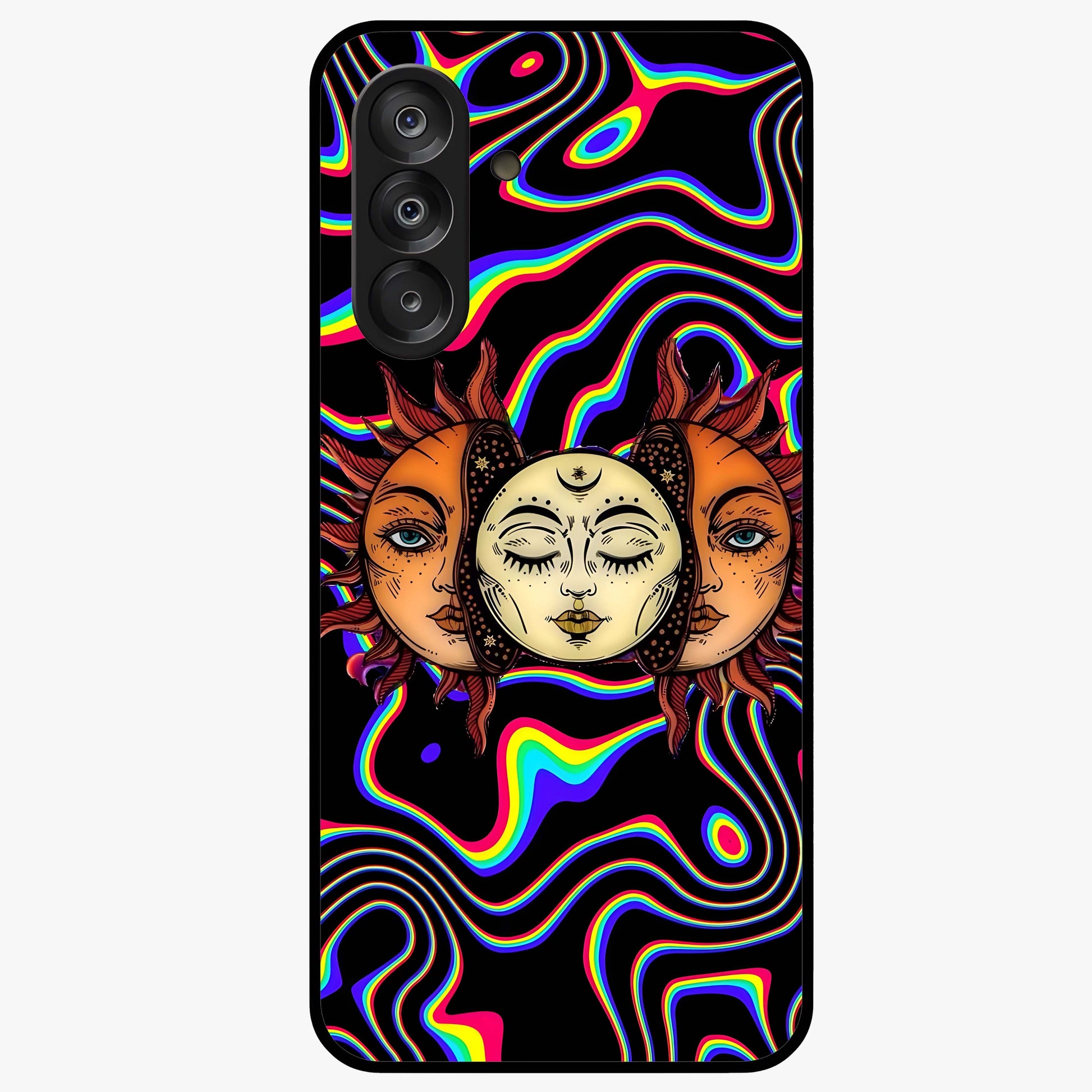 Psychedelic Sun Glass Case showing flat back view with colorful psychedelic sun artwork and glossy glass finish.
