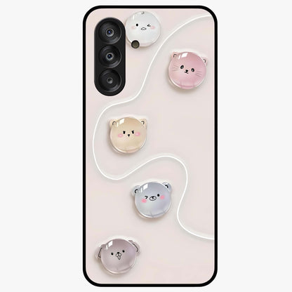 Puffy Face Parade Glass Case showing flat back view with cute puffy character faces artwork and glossy glass finish.