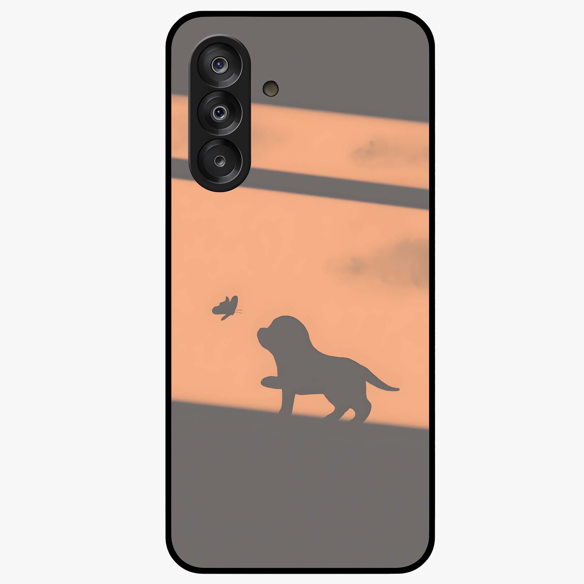 Puppy Shadow Art Glass Case showing flat back view with cute puppy shadow style artwork and glossy glass finish.