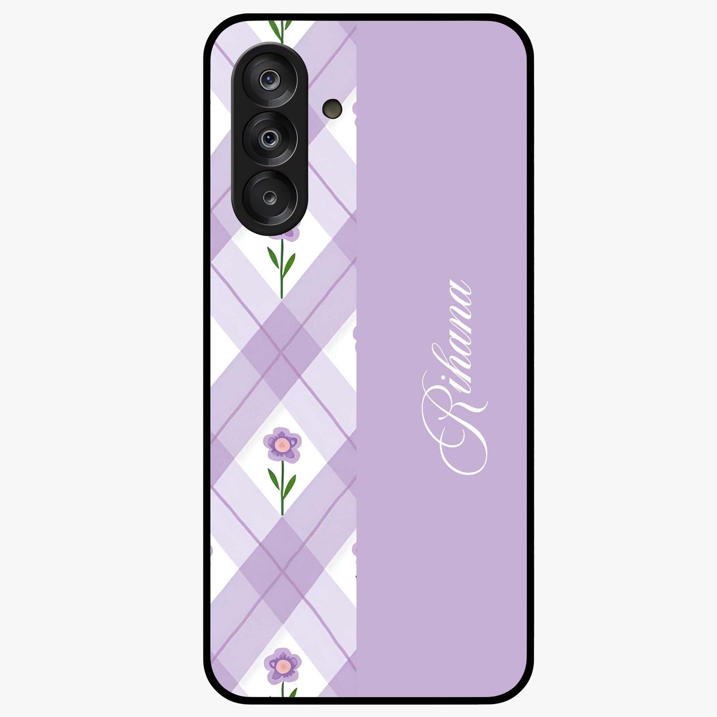 Purple Diamond Floral Glass Case showing flat back view with diamond shaped floral artwork and glossy glass finish.
