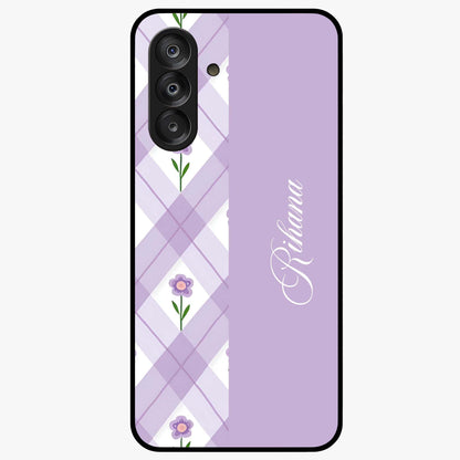 Purple Diamond Floral Glass Case showing flat back view with diamond shaped floral artwork and glossy glass finish.