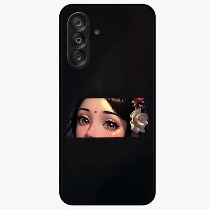 Radha Divine Embrace Glass Case showing flat back view with devotional Radha artwork and glossy glass finish.