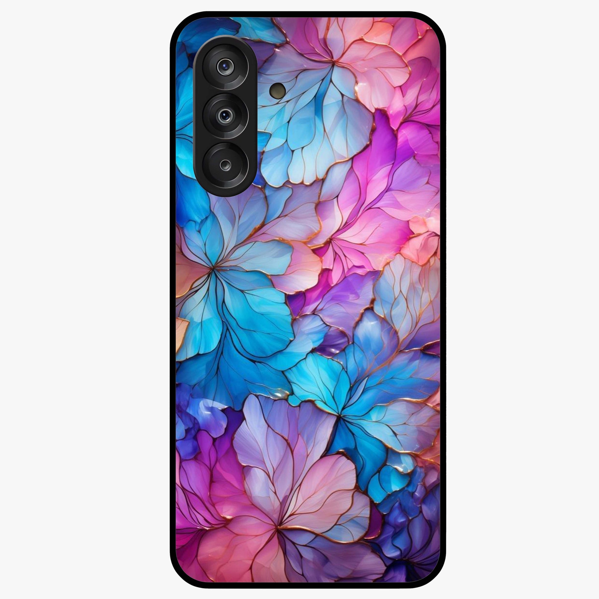 Radiant Floral Whirl Glass Case showing flat back view with swirling floral artwork and glossy glass finish.