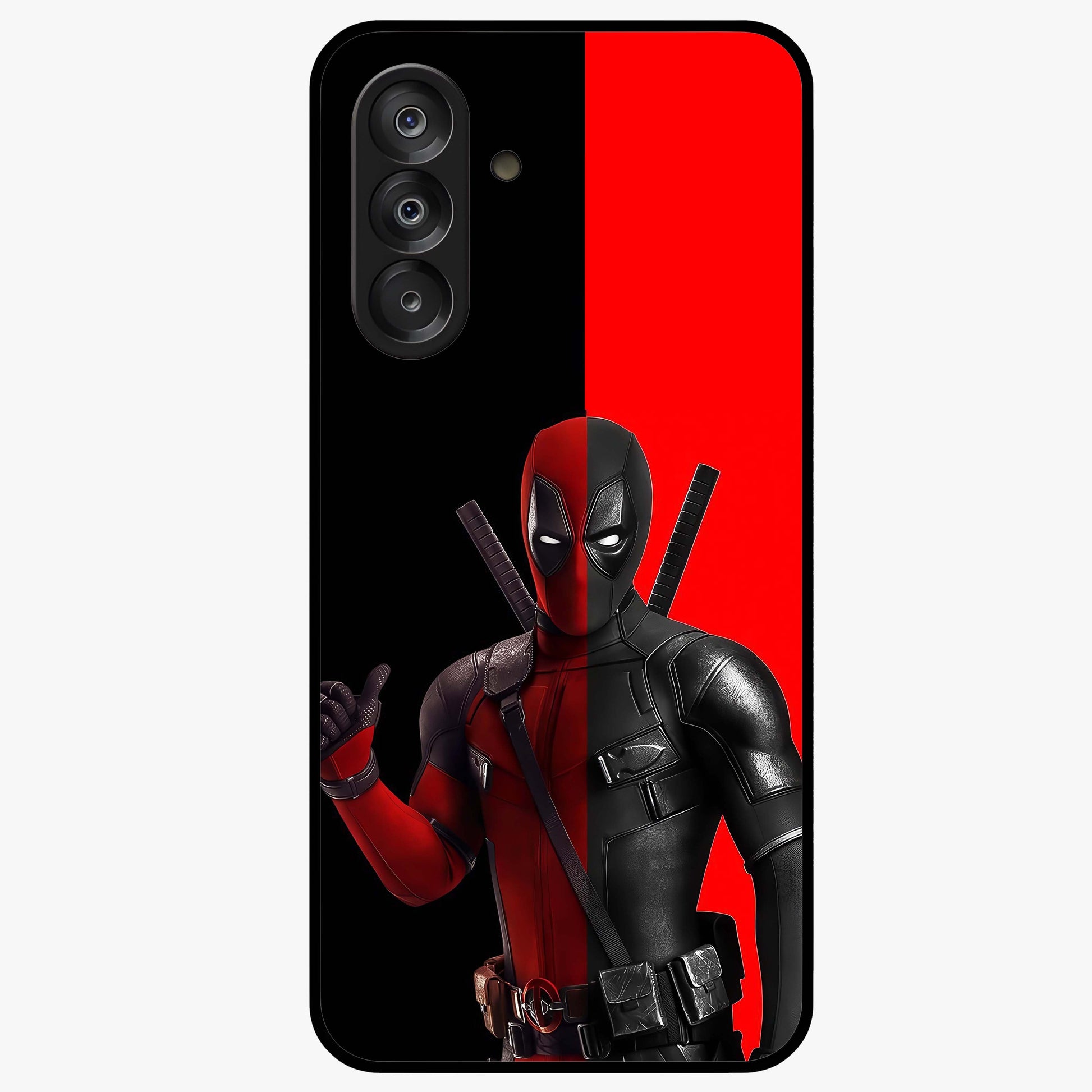 Red & Black Deadpool Theme Glass Case showing flat back view with bold comic inspired artwork and glossy glass finish.