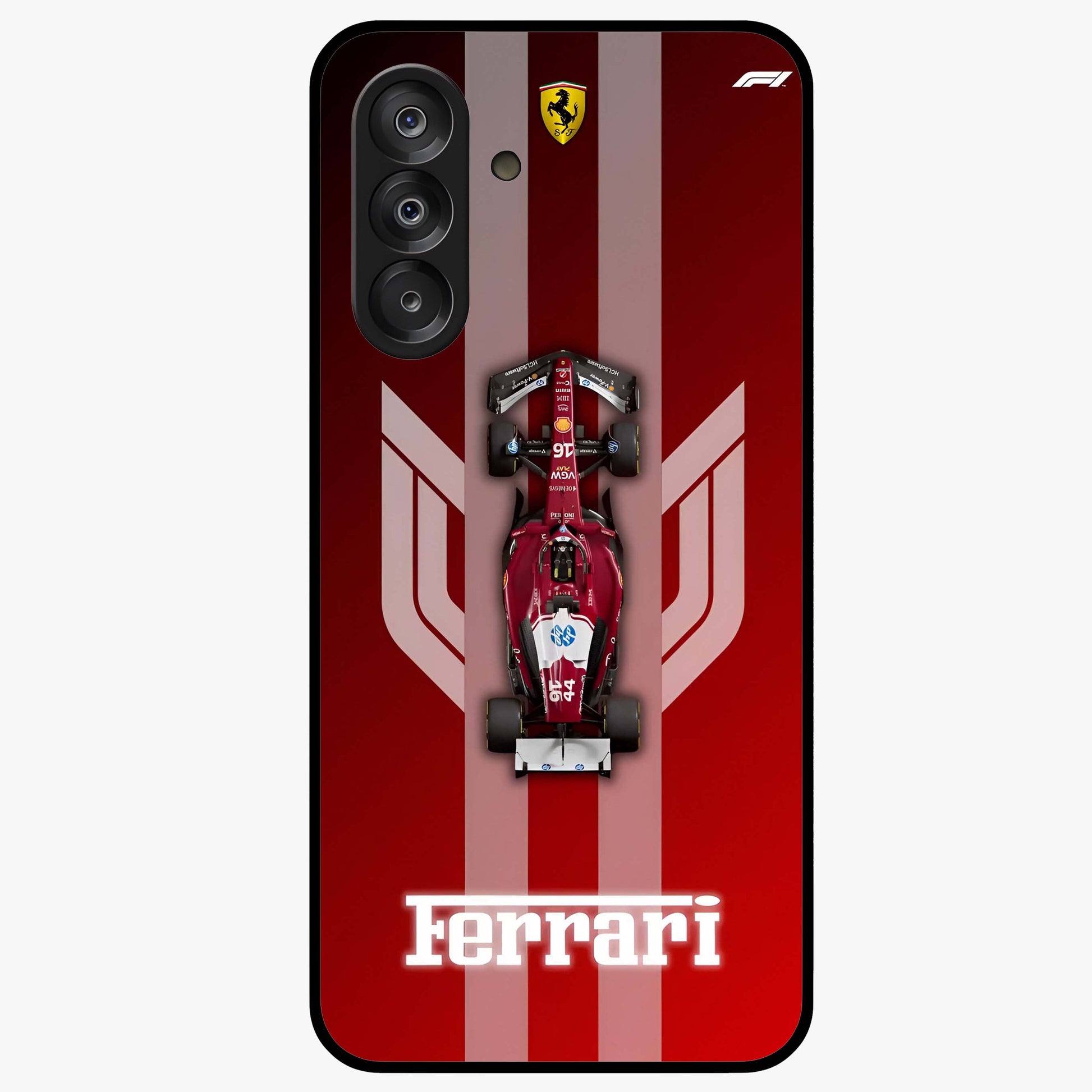 Red Ferrari F1 Vertical Glass Case showing flat back view with sleek Formula racing car artwork and glossy glass finish.