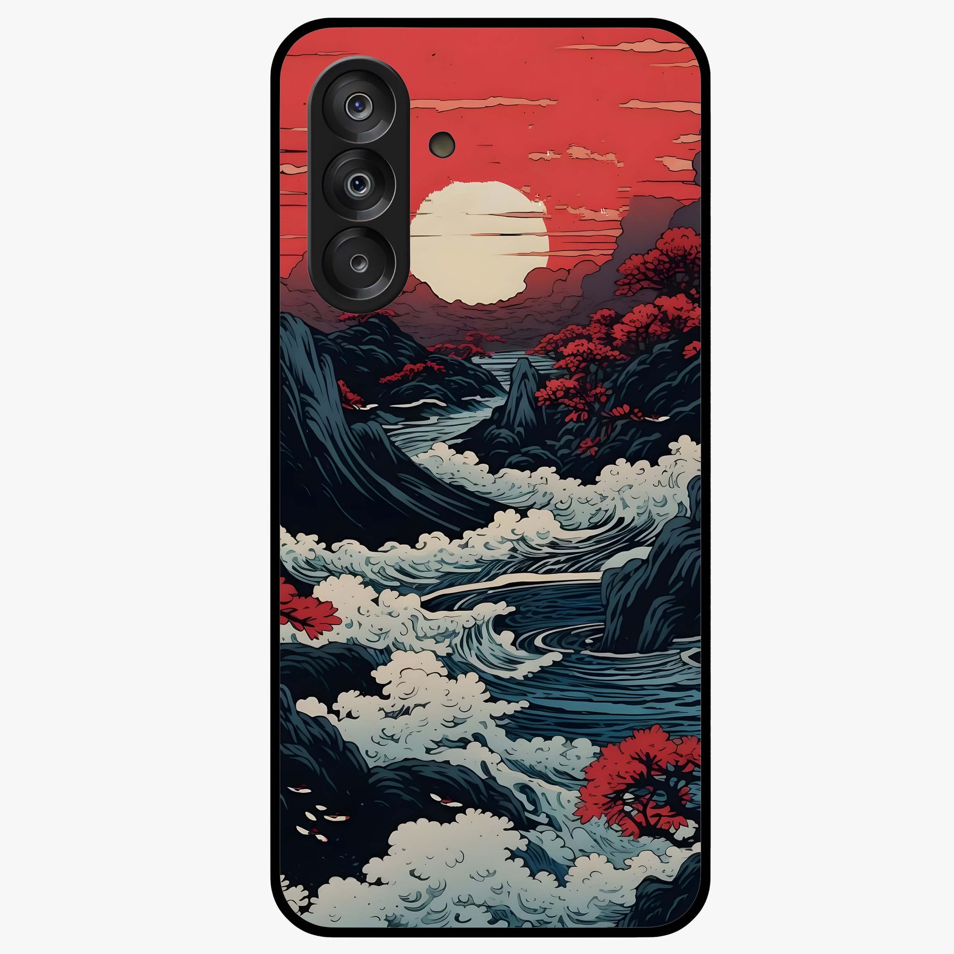 Red Sunset Scenery Glass Case showing flat back view with vibrant sunset landscape artwork and glossy glass finish.