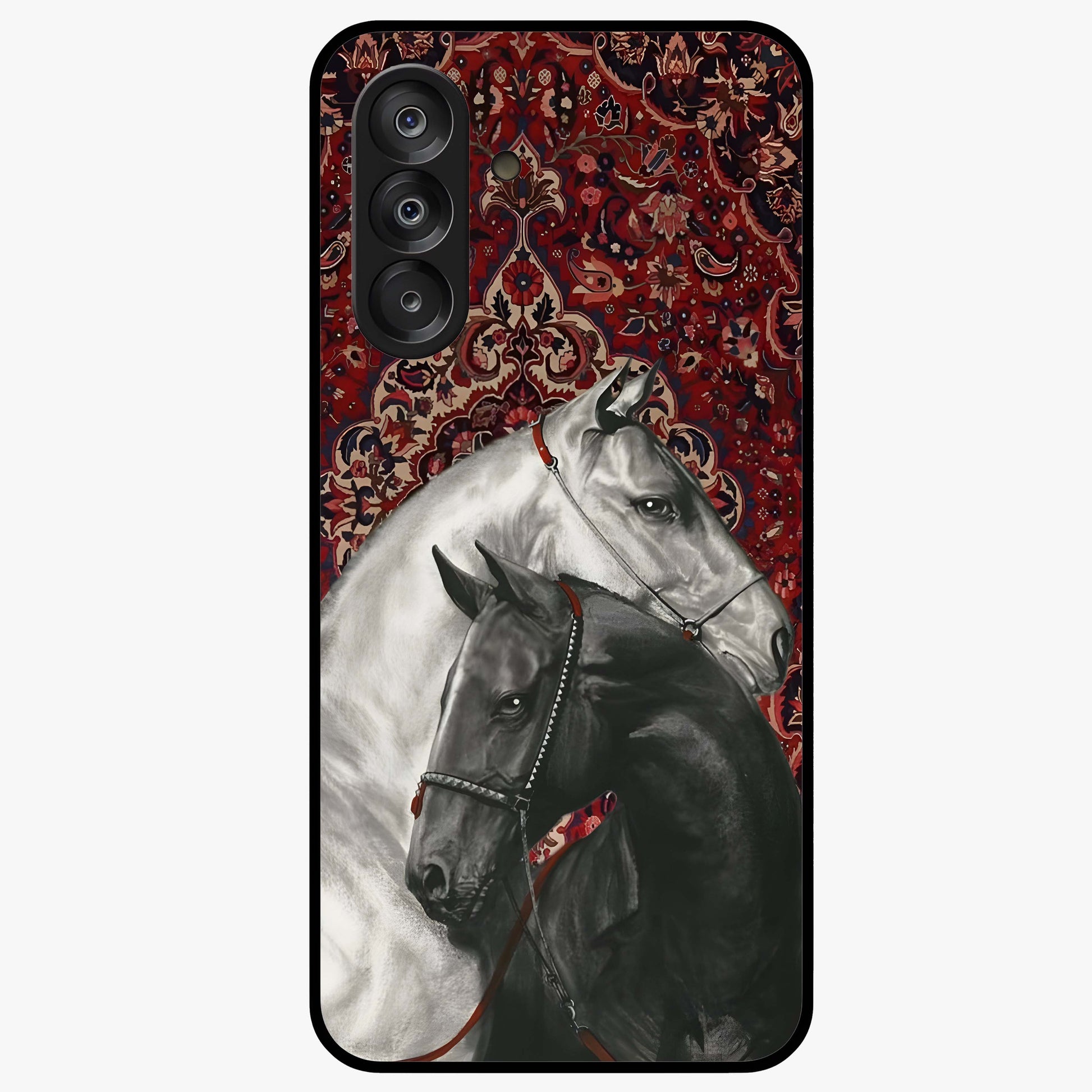 Regal Stallion Tapestry Glass Case showing flat back view with majestic horse tapestry artwork and glossy glass finish.