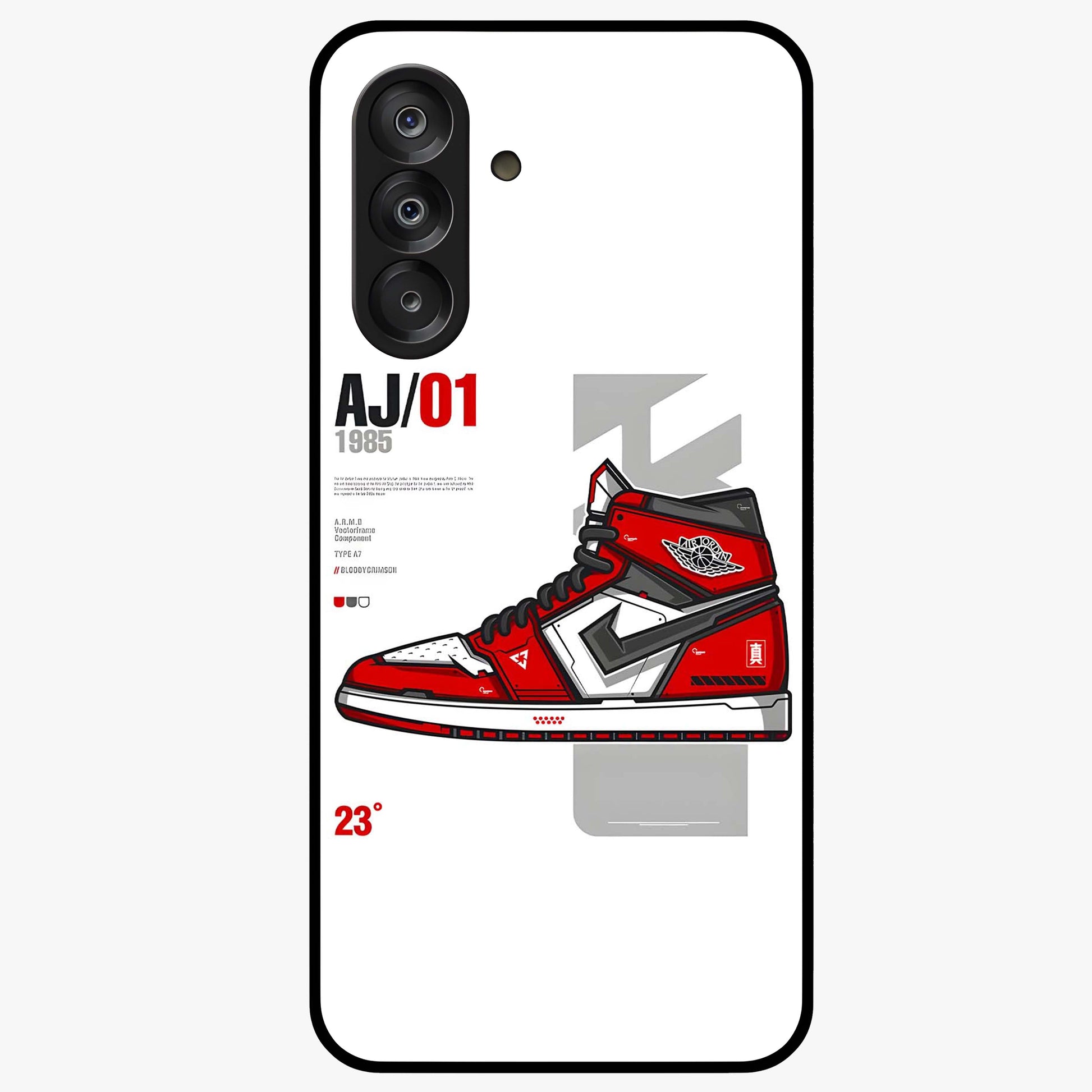 Retro Sneaker Blueprint Glass Case showing flat back view with sneaker blueprint style artwork and glossy glass finish.