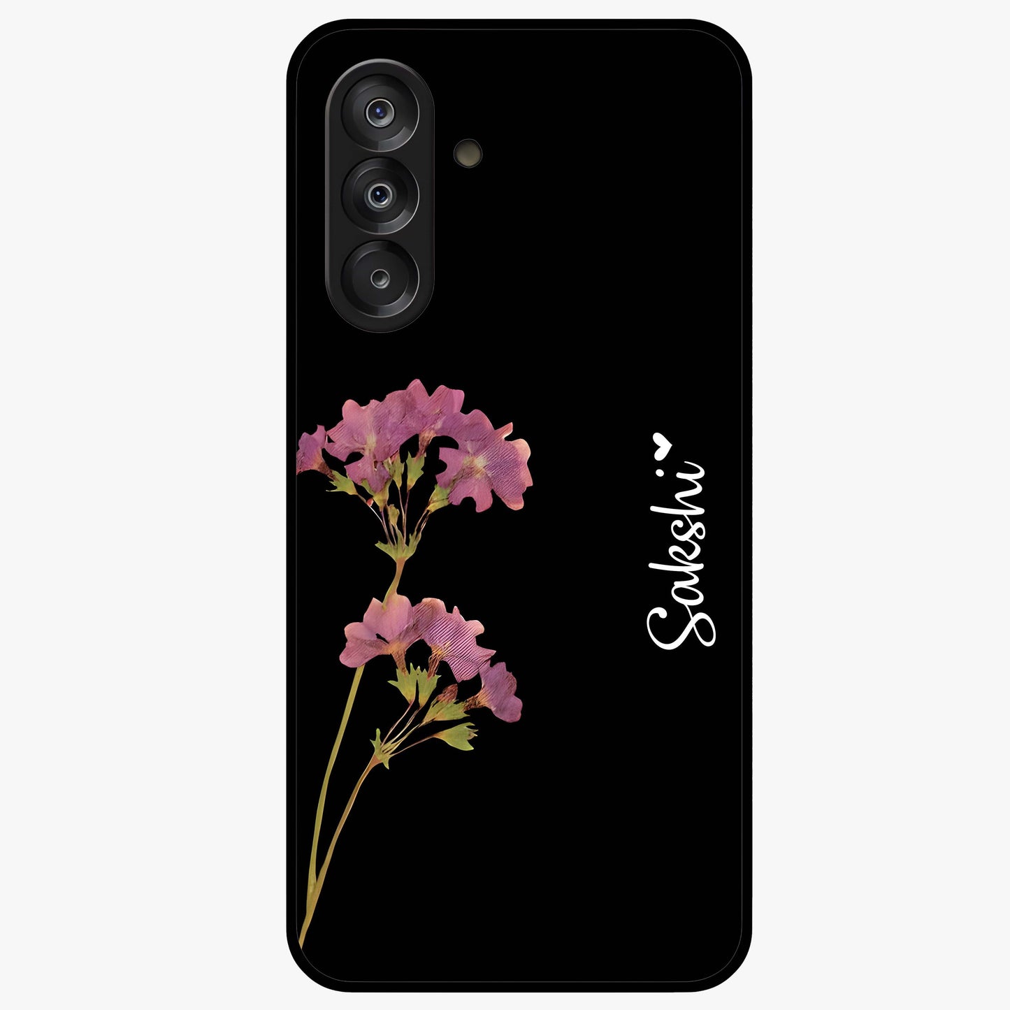 Riching Lavender Flower Custom Name Glass Case showing flat back view with lavender floral artwork and personalized name design.