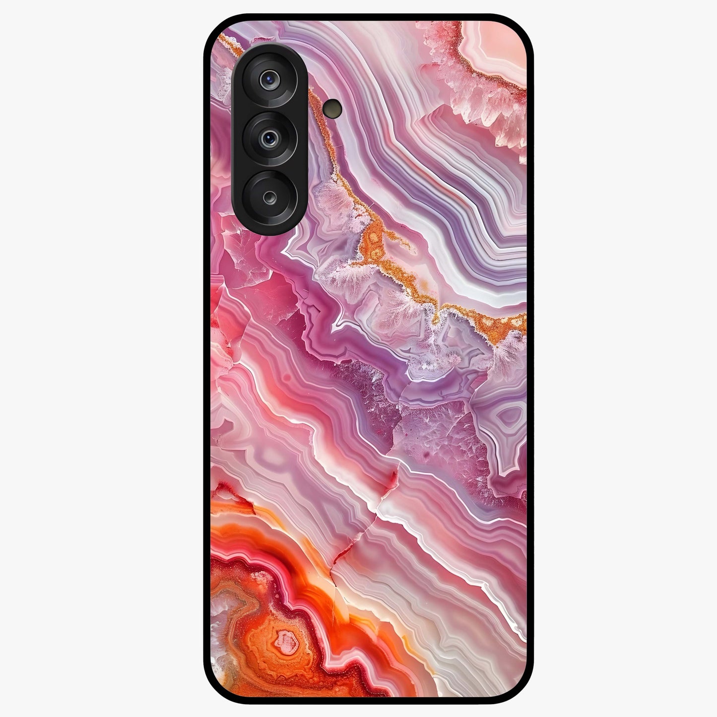 Rose Quartz Marble Glass Case showing flat back view with pink marble quartz texture artwork and glossy glass finish.