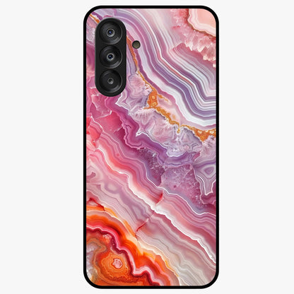 Rose Quartz Marble Glass Case showing flat back view with pink marble quartz texture artwork and glossy glass finish.