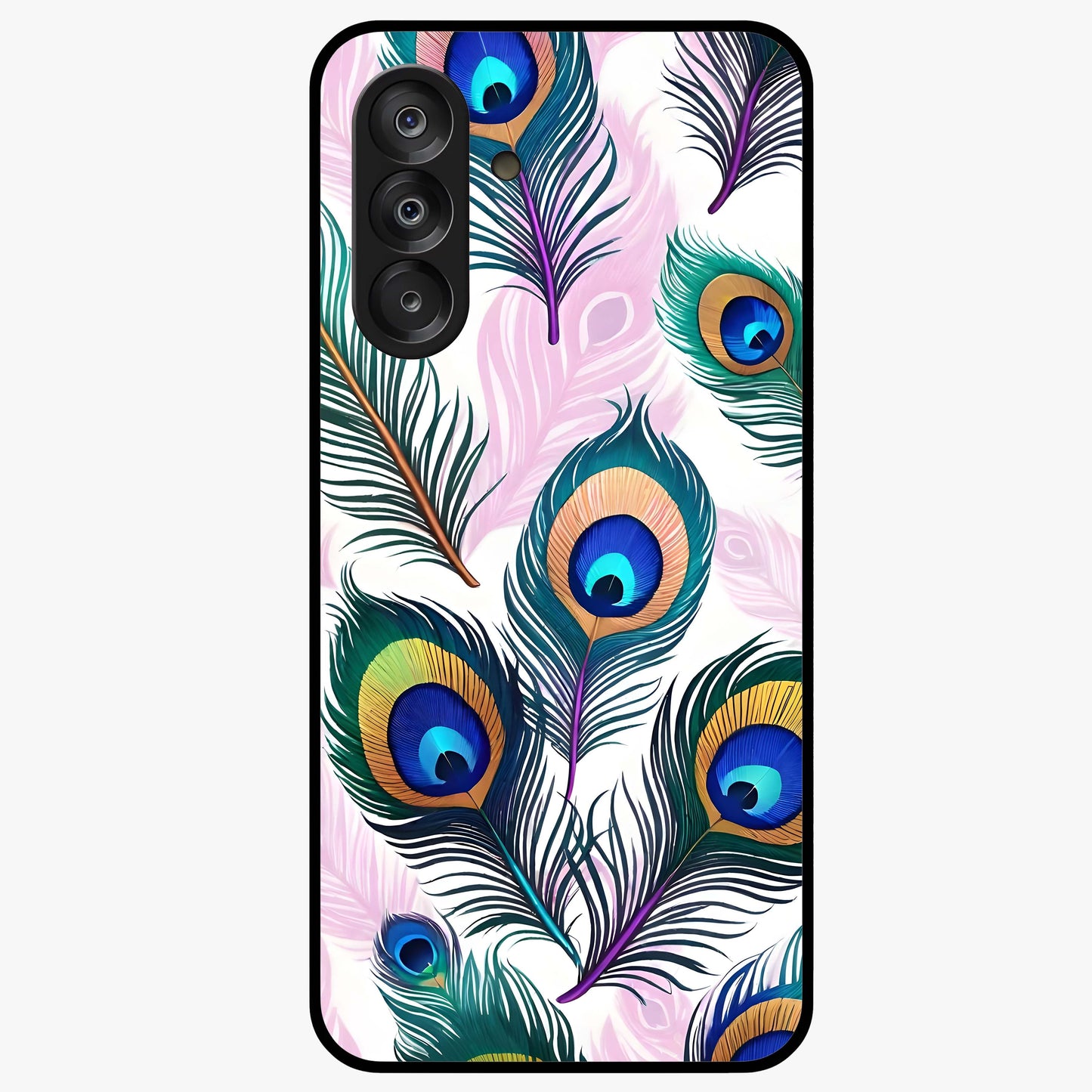 Royal Peacock Feathers Glass Case showing flat back view with colorful peacock feather artwork and glossy glass finish.