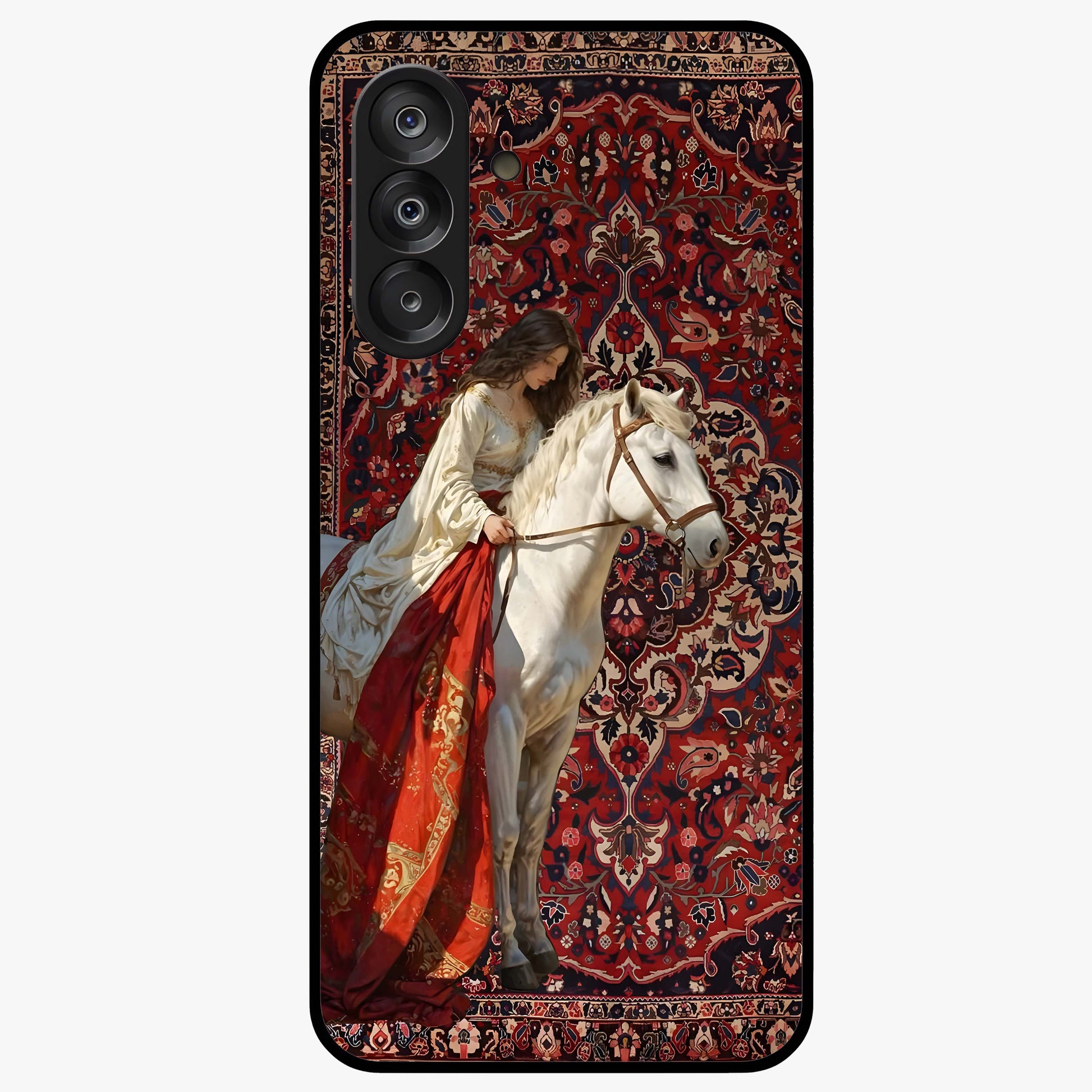 Royal Rider Tapestry Glass Case showing flat back view with majestic horse rider tapestry artwork and glossy glass finish.