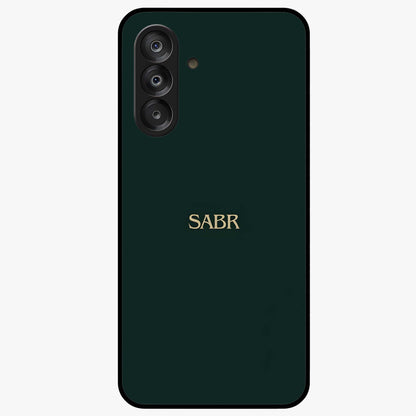 Sabr Minimal Patience Glass Case showing flat back view with minimalist typography artwork and glossy glass finish.