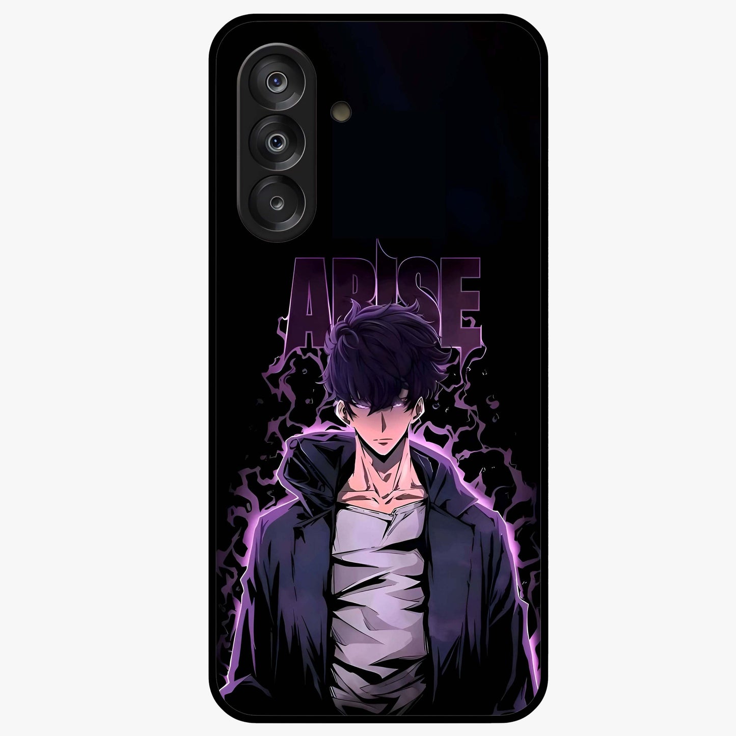 Shadow Monarch Awakening Glass Case showing flat back view with powerful dark monarch themed artwork and glossy glass finish.