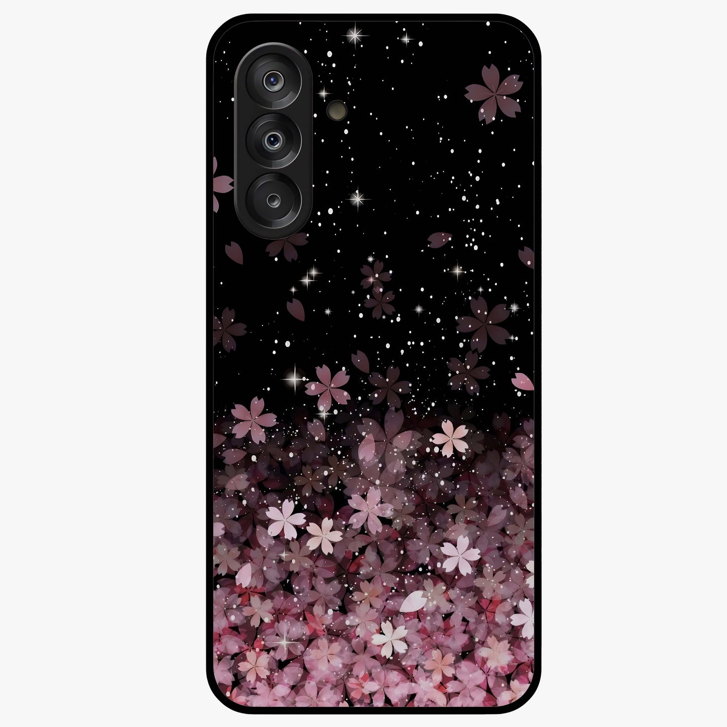 Small Starry Flowers Glass Case showing flat back view with delicate starry floral artwork and glossy glass finish.