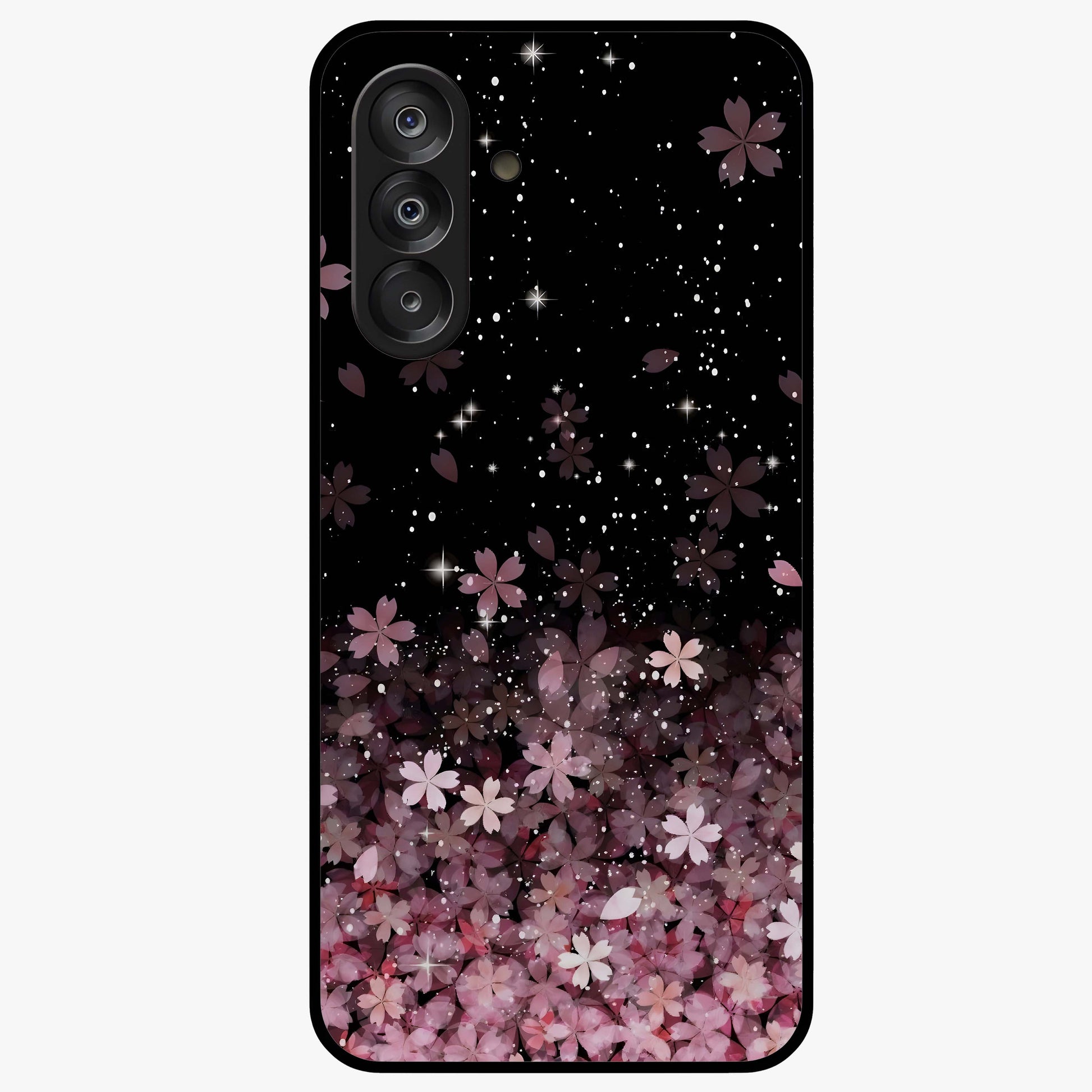 Small Starry Flowers Glass Case showing flat back view with delicate starry floral artwork and glossy glass finish.