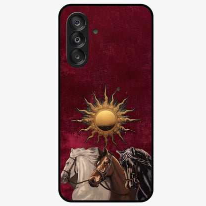 Solar Riders Glass Case showing flat back view with dynamic rider themed artwork and glossy glass finish.