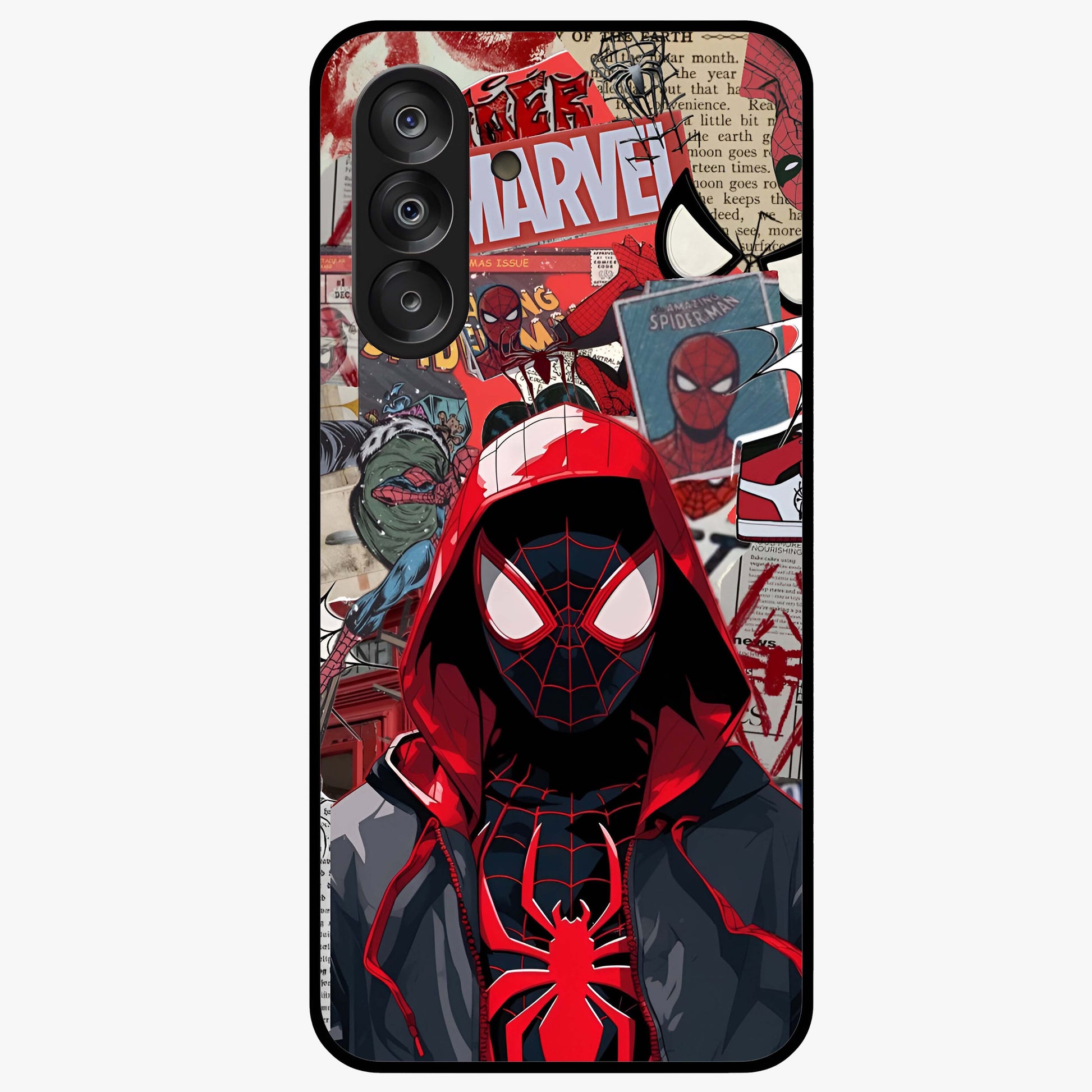 Spider Collage Street Glass Case showing flat back view with vibrant superhero collage artwork and glossy glass finish.