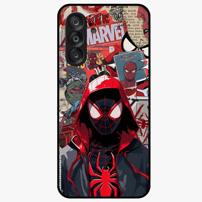 Spider Collage Street Glass Case showing flat back view with vibrant superhero collage artwork and glossy glass finish.