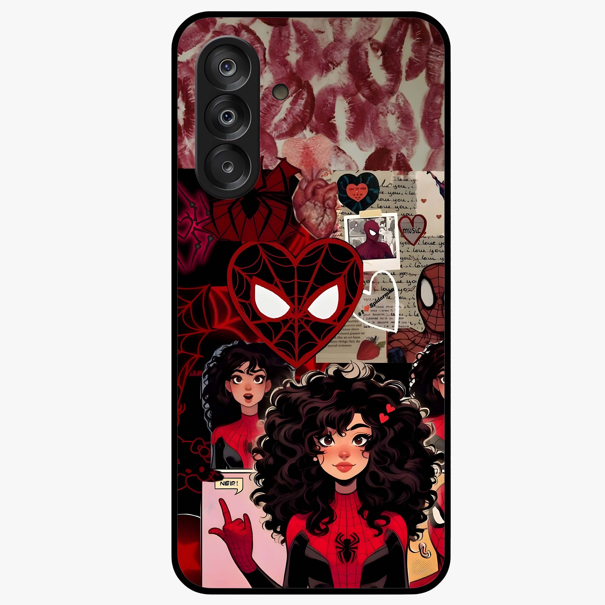 Spider Love Story Glass Case showing flat back view with romantic superhero themed artwork and glossy glass finish.