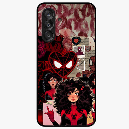 Spider Love Story Glass Case showing flat back view with romantic superhero themed artwork and glossy glass finish.